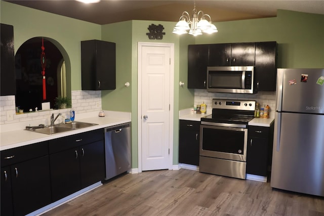 kitchen featuring backsplash, stainless steel appliances, hanging light fixtures, wood-type flooring, and sink