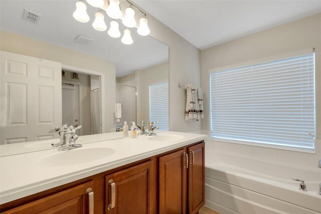 bathroom featuring vanity and separate shower and tub