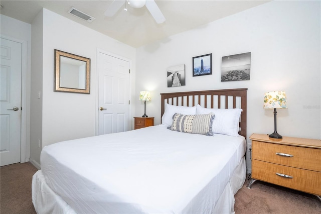 carpeted bedroom featuring ceiling fan