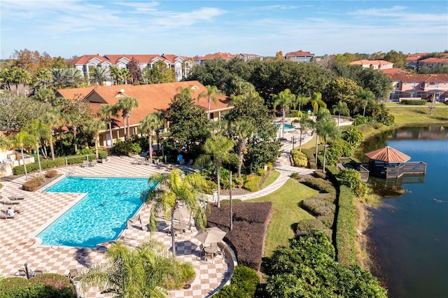 drone / aerial view with a water view