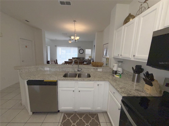 kitchen with kitchen peninsula, sink, dishwasher, and range with electric stovetop