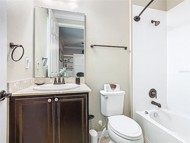 full bathroom featuring tub / shower combination, ornamental molding, toilet, and vanity