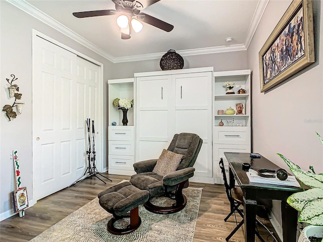 office area featuring ornamental molding, ceiling fan, and dark hardwood / wood-style flooring