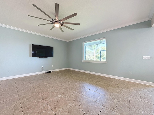 tiled empty room with ceiling fan and crown molding