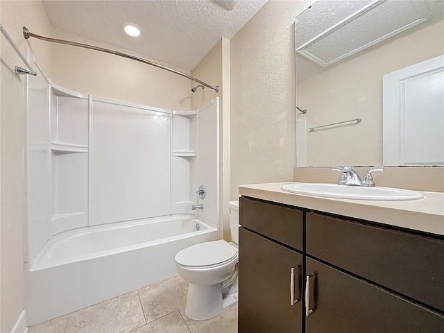 full bathroom with a textured ceiling, shower / bathing tub combination, tile patterned floors, vanity, and toilet