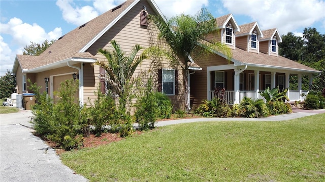 view of front facade with a porch, a garage, and a front lawn