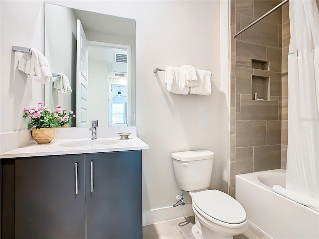 full bathroom with vanity, toilet, and shower / bathtub combination with curtain