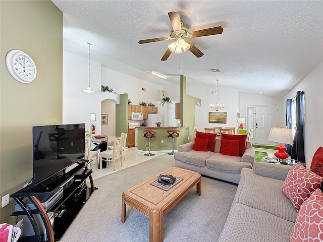 carpeted living room with a textured ceiling, lofted ceiling, and ceiling fan with notable chandelier