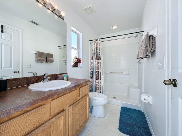 bathroom with toilet, vanity, tile patterned flooring, and a shower with curtain