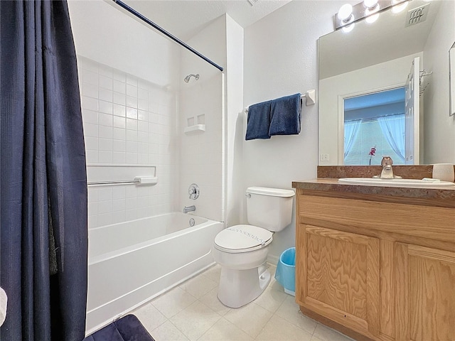 full bathroom featuring shower / bath combo, vanity, tile patterned flooring, and toilet