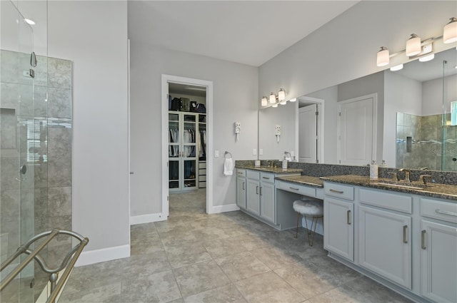 bathroom featuring vanity and a shower with shower door