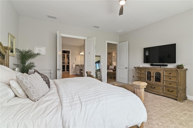 carpeted bedroom with ceiling fan