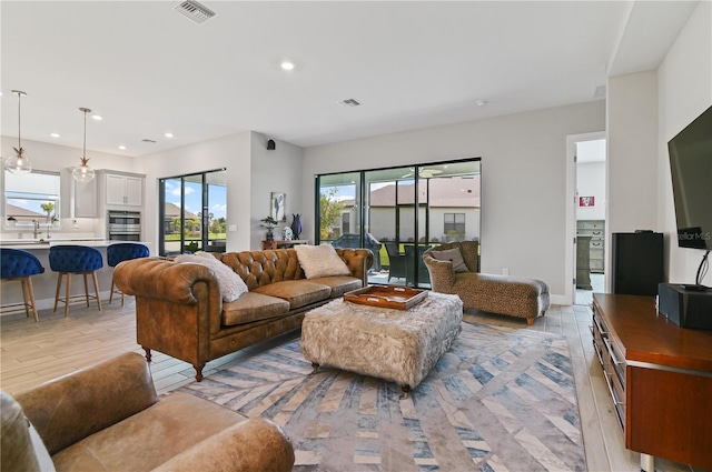 living room with light wood-type flooring and sink