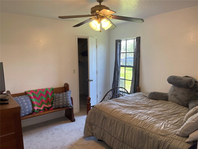 carpeted bedroom with ceiling fan, a spacious closet, a textured ceiling, and a closet