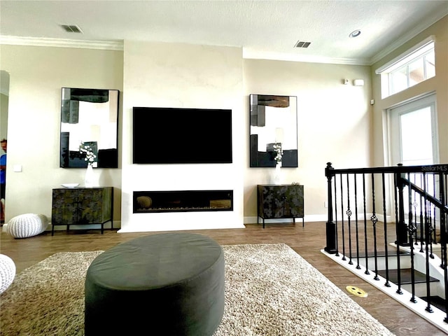 living room featuring crown molding, dark hardwood / wood-style floors, and a textured ceiling