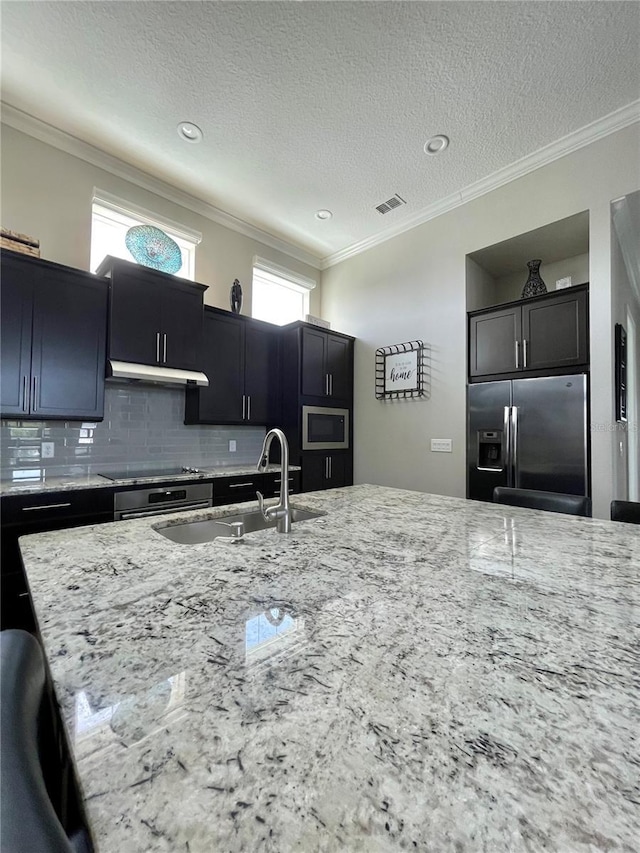 kitchen with stainless steel appliances, ornamental molding, sink, and a kitchen island with sink