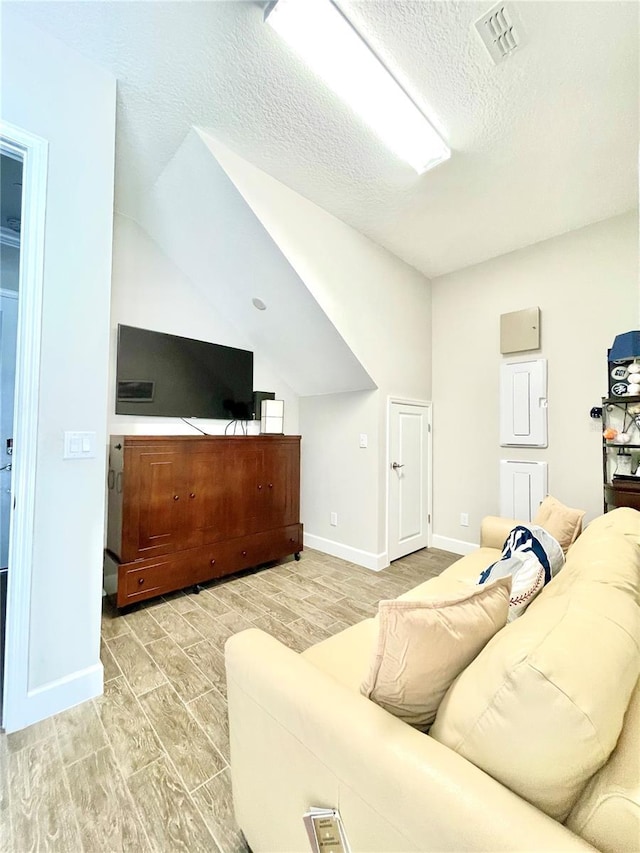 living room featuring lofted ceiling and a textured ceiling