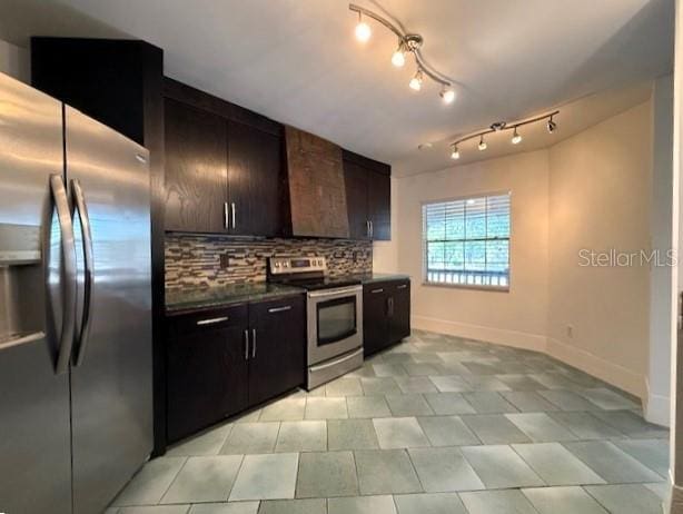 kitchen featuring stainless steel appliances, tasteful backsplash, and dark brown cabinets