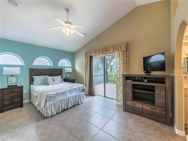 bedroom with light tile patterned floors, access to outside, high vaulted ceiling, and ceiling fan