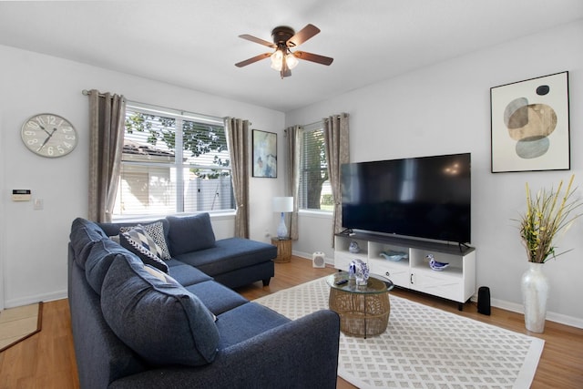 living room with hardwood / wood-style floors and ceiling fan