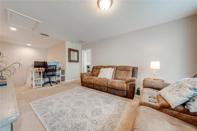 carpeted living room with a textured ceiling