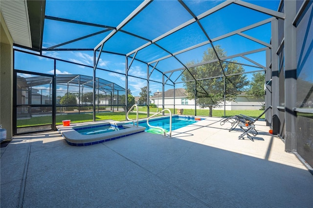 view of swimming pool with an in ground hot tub, a yard, a patio area, and a lanai