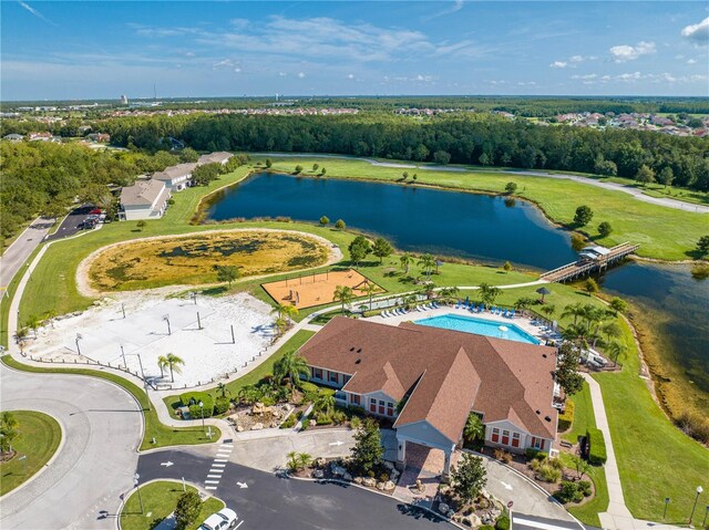 drone / aerial view with a water view