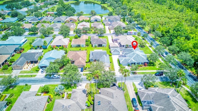 drone / aerial view featuring a water view