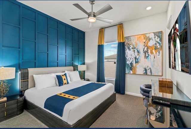 carpeted bedroom featuring ceiling fan