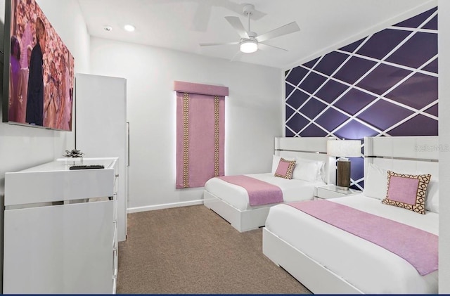 bedroom with ceiling fan and light colored carpet