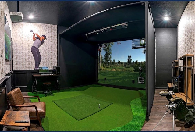 recreation room featuring wood-type flooring and golf simulator