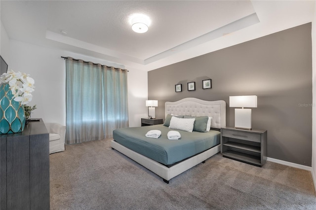 bedroom featuring a raised ceiling and carpet flooring