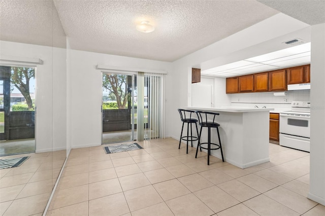 kitchen with white electric range, a healthy amount of sunlight, light tile patterned floors, and range hood