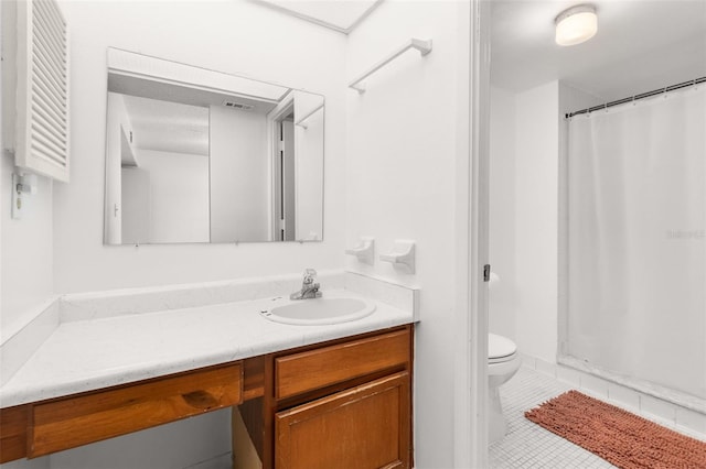 full bath featuring curtained shower, toilet, tile patterned flooring, and vanity
