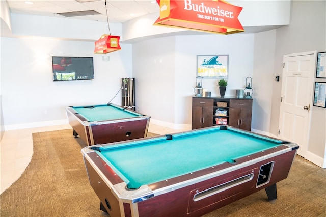 recreation room with a drop ceiling and billiards