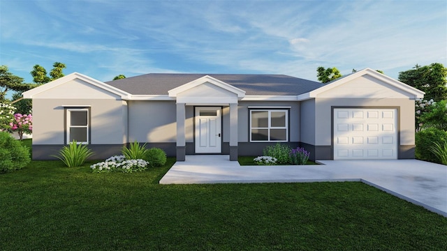 ranch-style house featuring a garage and a front yard