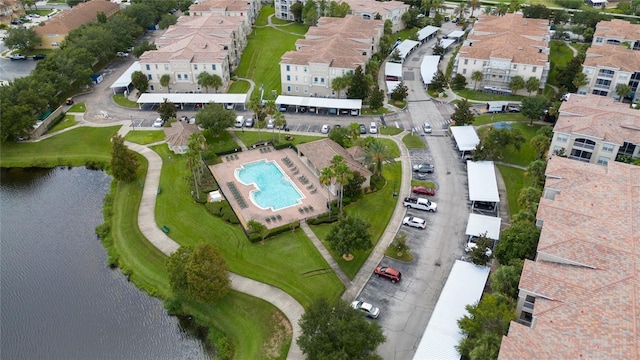 drone / aerial view with a water view