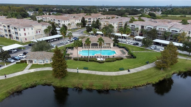 aerial view featuring a water view