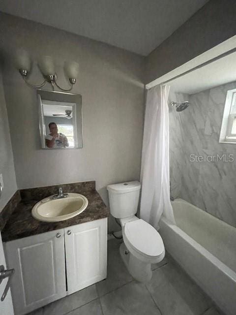 full bathroom with toilet, shower / bath combination with curtain, tile patterned floors, and vanity