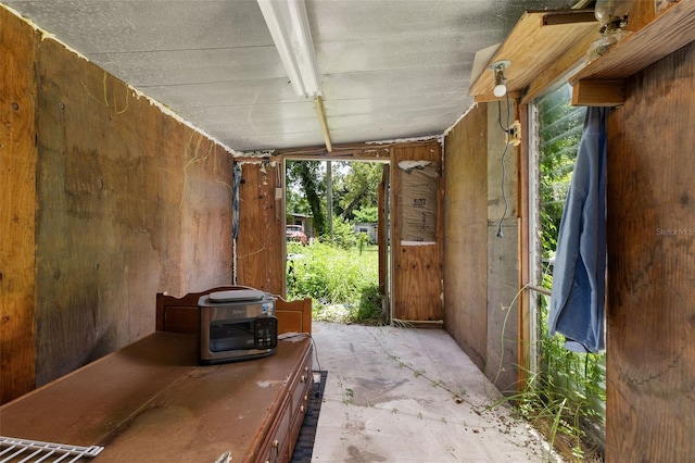 interior space featuring a wood stove