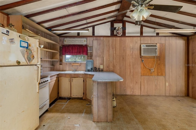 kitchen with range, white refrigerator, a wall mounted air conditioner, lofted ceiling with beams, and kitchen peninsula