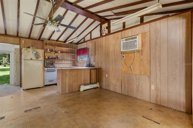 kitchen with wooden walls, kitchen peninsula, white appliances, and baseboard heating