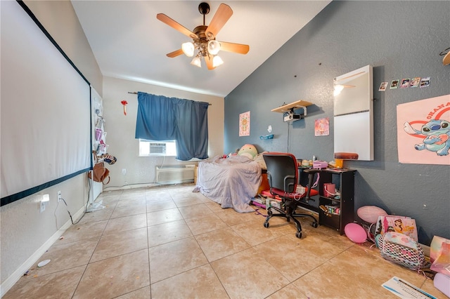 tiled office space featuring lofted ceiling and ceiling fan