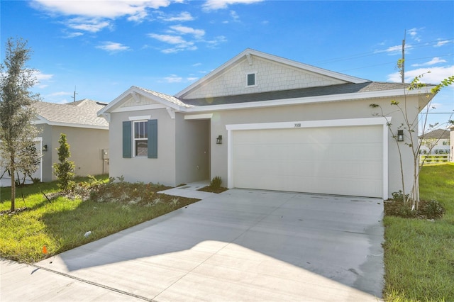 ranch-style house with a front yard and a garage