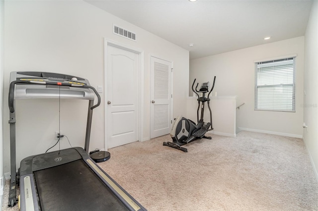 workout room featuring light colored carpet