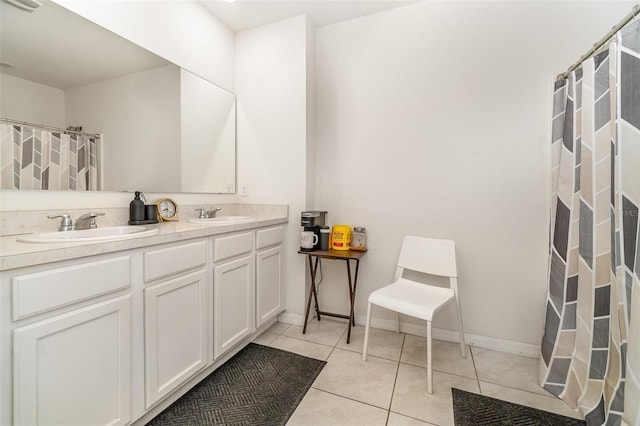 6728 Huntleigh Hammock Rd, Harmony, FL 34773 - bathroom with double vanity, tile patterned floors, curtained shower, and baseboards