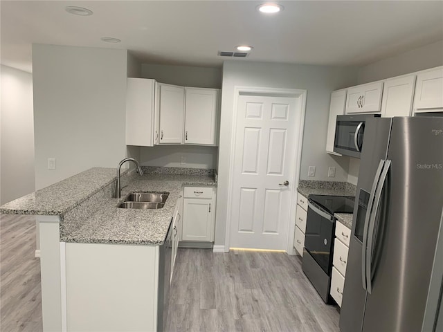 kitchen with appliances with stainless steel finishes, white cabinets, a sink, light stone countertops, and a peninsula