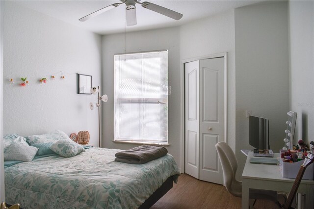 1100 Lake Shadow Cir Unit 2101, Maitland, FL 32751 - bedroom featuring wood finished floors, a closet, a ceiling fan, and a desk