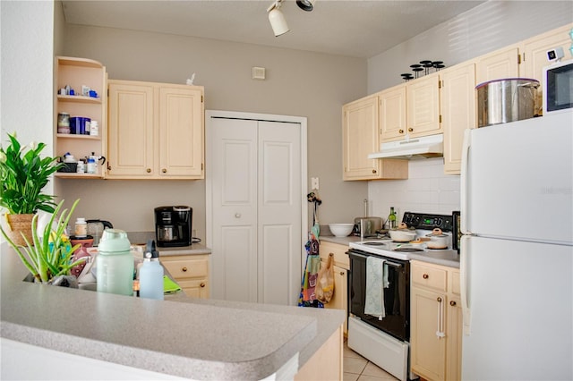 1100 Lake Shadow Cir Unit 2101, Maitland, FL 32751 - kitchen with freestanding refrigerator, electric stove, under cabinet range hood, light countertops, and backsplash