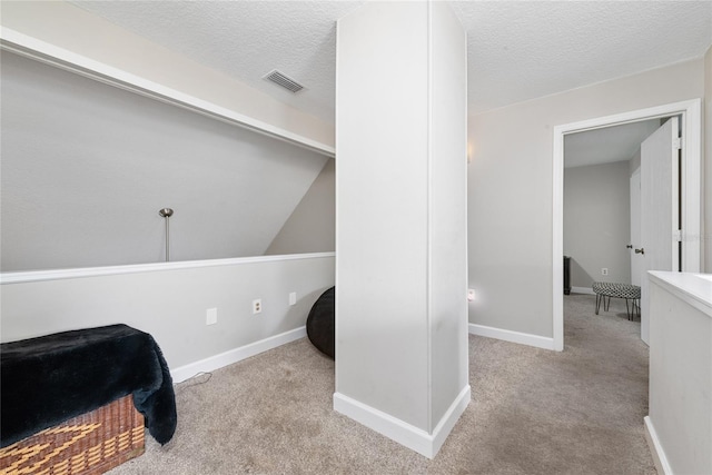 interior space featuring light carpet and a textured ceiling